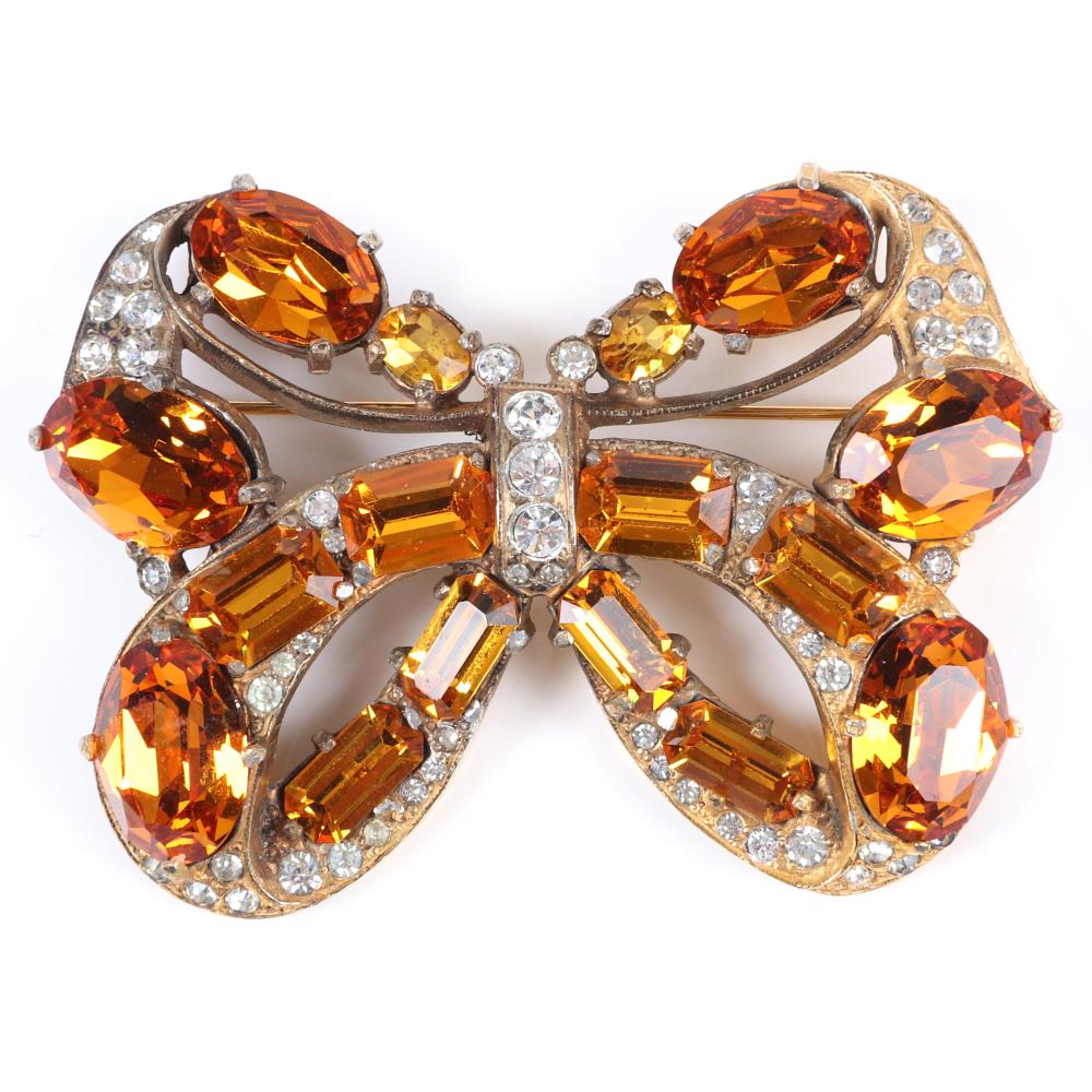 Appraisal: EISENBERG ORIGINAL FIGURAL GOLD WASHED BOW PIN BROOCH WITH AMBER