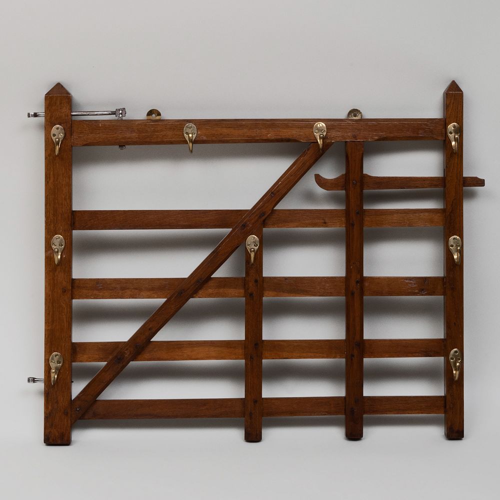 Appraisal: English Brass-Mounted Oak Gate Form Hat Rack x in The