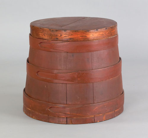 Appraisal: Oversized painted pine firkin th c with interlaced finger bands