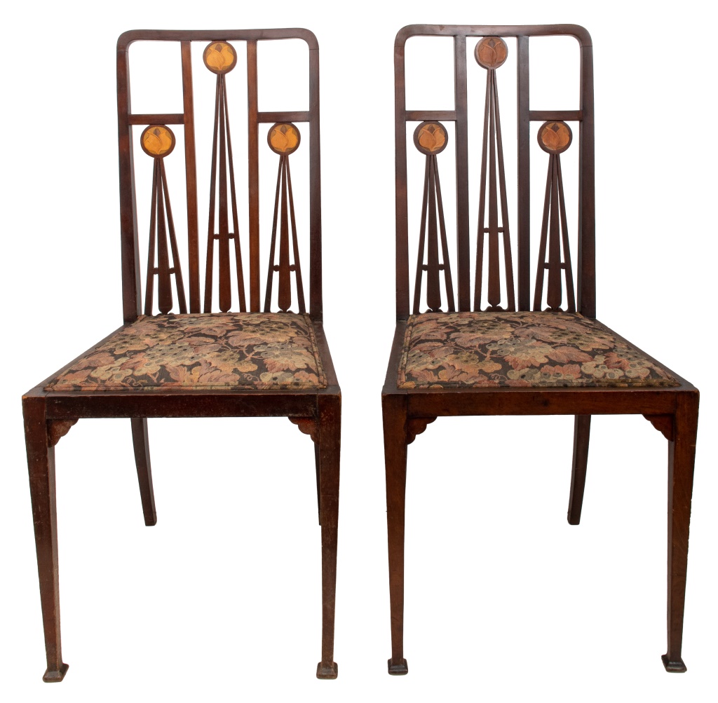 Appraisal: LIBERTY CO ART NOUVEAU INLAID SIDE CHAIRS PAIR Pair of