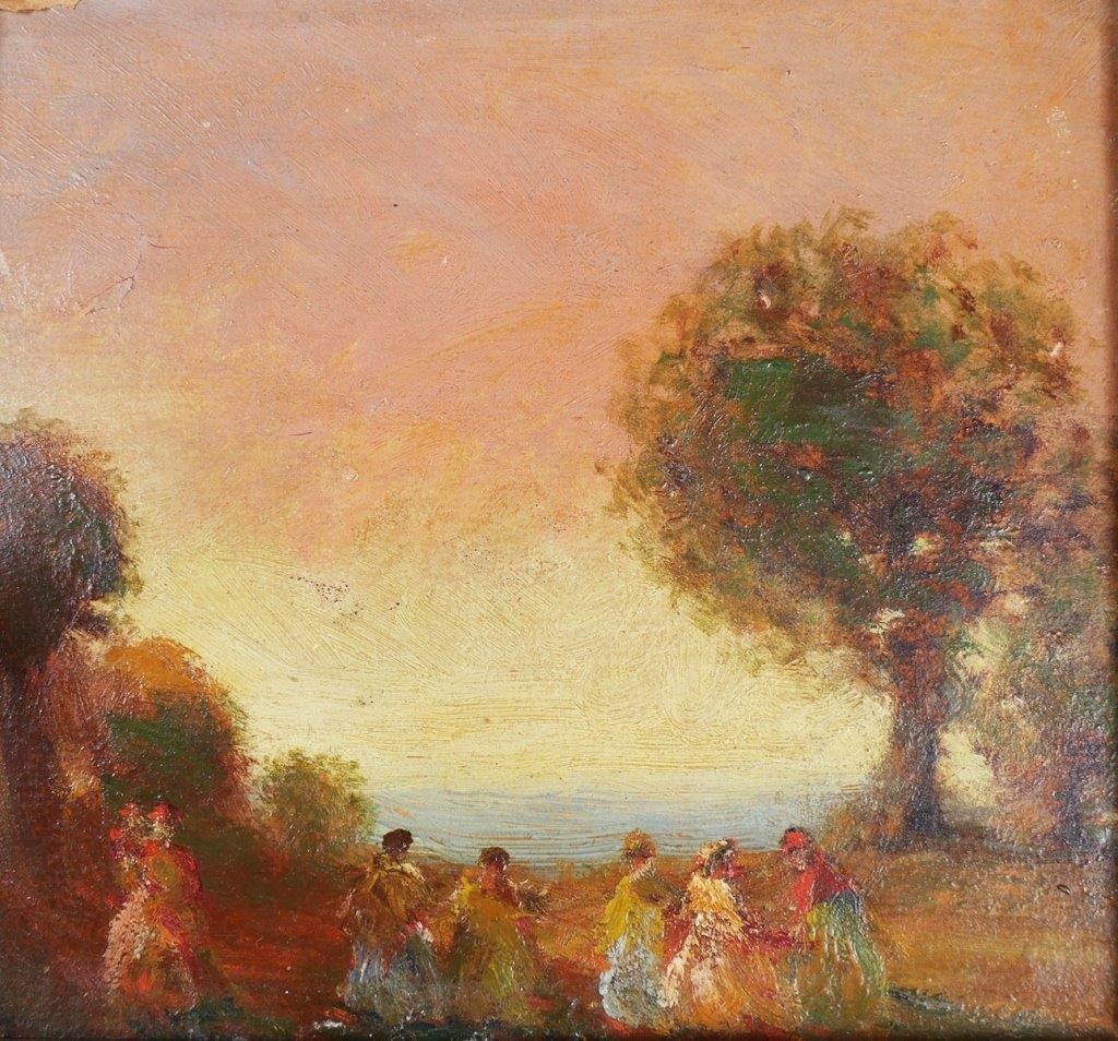 Appraisal: Oil on board landscape with figures Unsigned attributed by cut