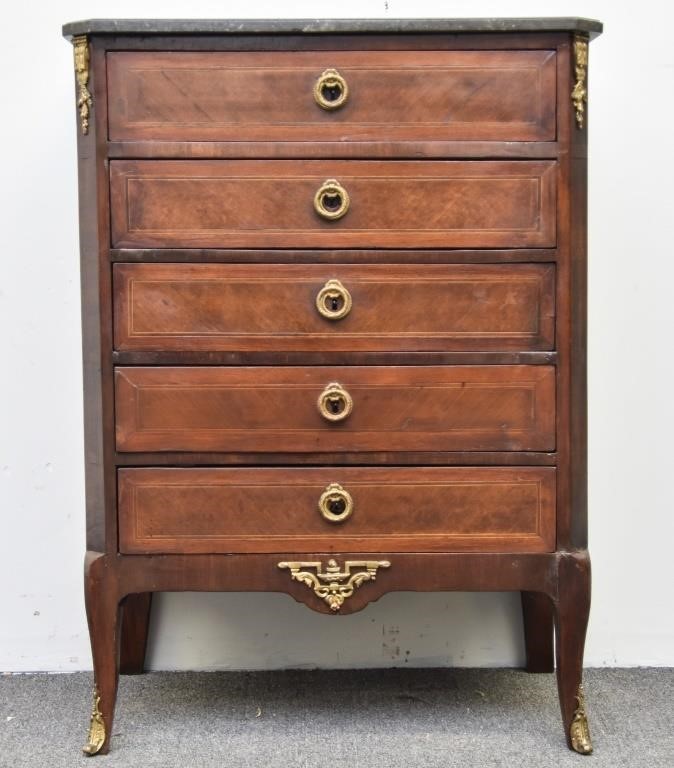 Appraisal: French fruitwood inlaid chest with black marble top th c