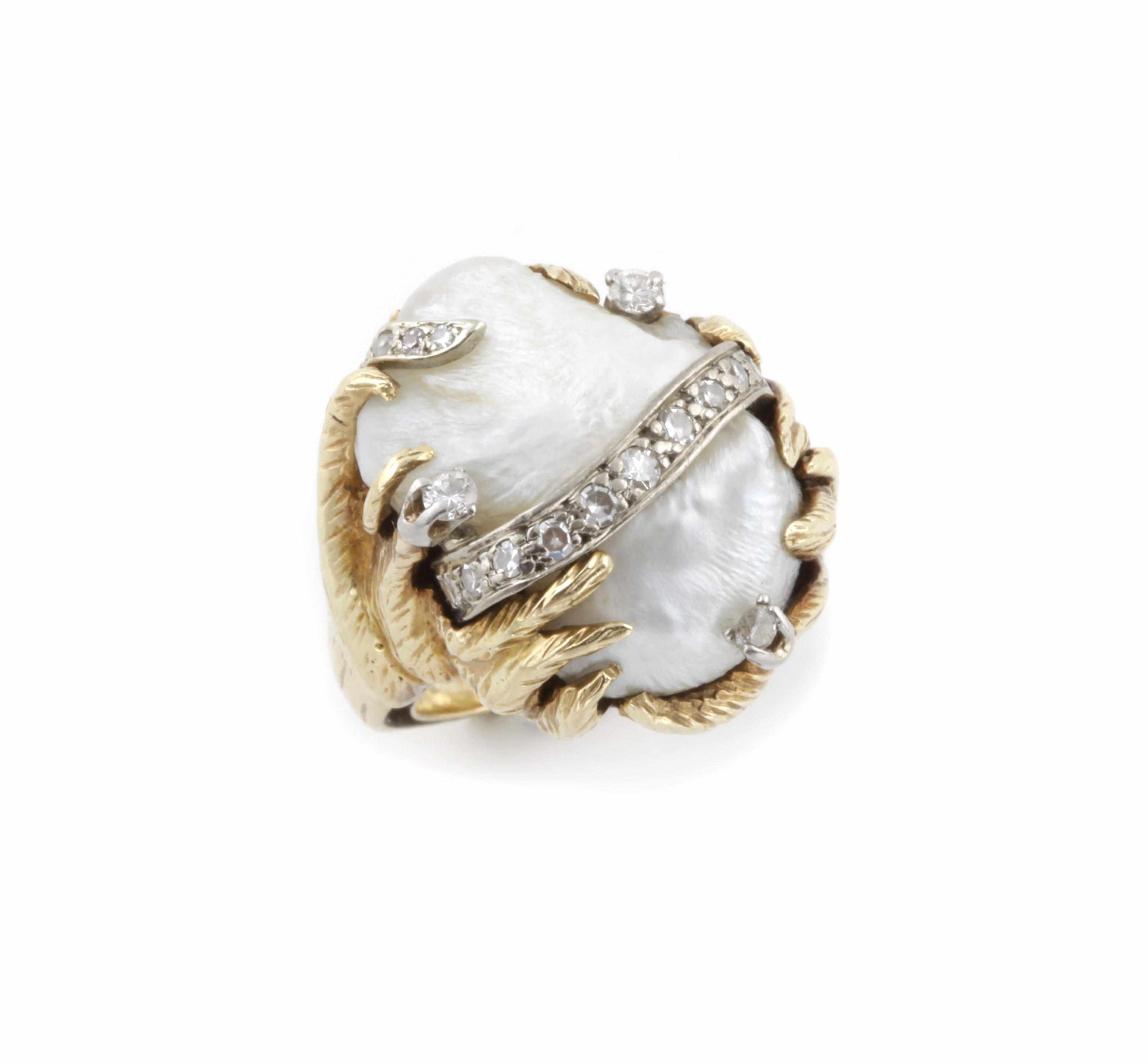 Appraisal: A baroque cultured pearl diamond and bicolor gold ring size