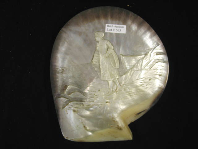 Appraisal: Victorian Carved Abalone Shell with lady fisherman along the shore