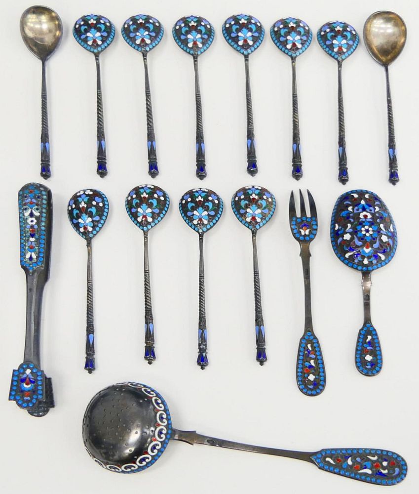 Appraisal: pc ANTIQUE RUSSIAN SILVER ENAMELED FLATWARE A lot of antique