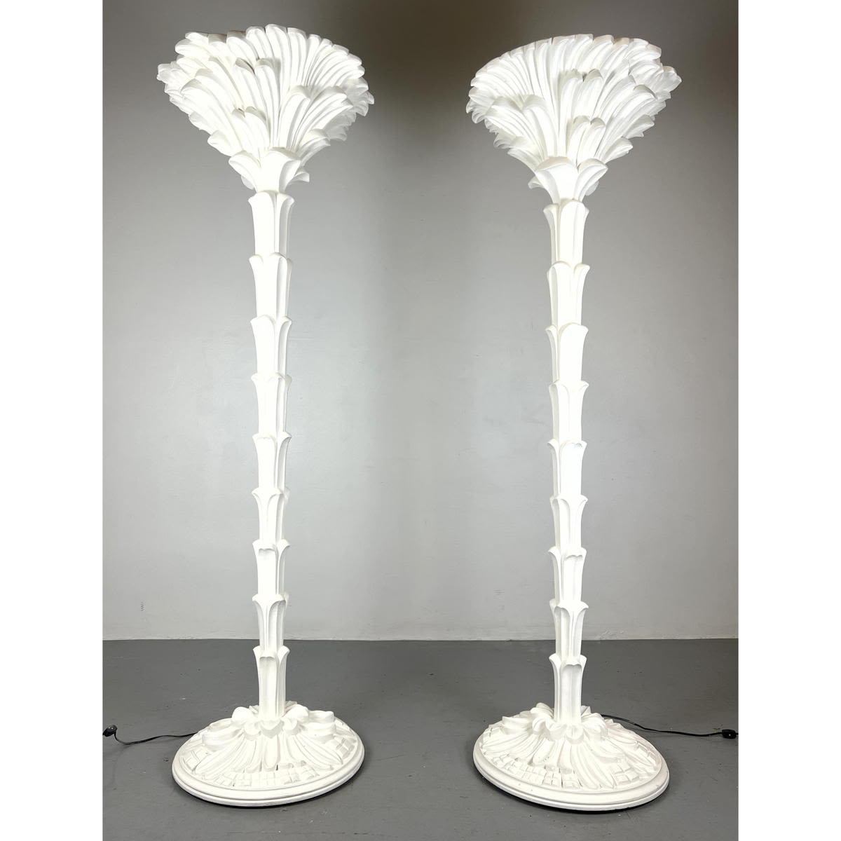 Appraisal: Pr White Painted Carved Wood Palm Tree Floor Lamps Serge