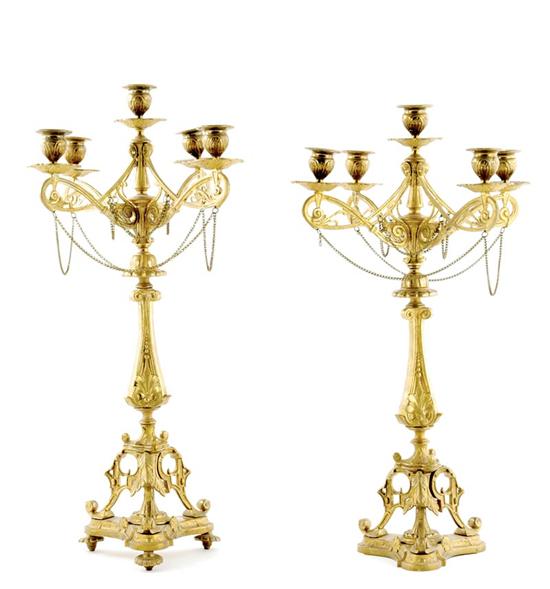 Appraisal: Pair French gilt-bronze five-light candelabra circa ornate central stem supporting