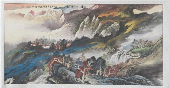 Appraisal: Two Chinese landscape scrolls Late th century Colorful mountain lansdcape