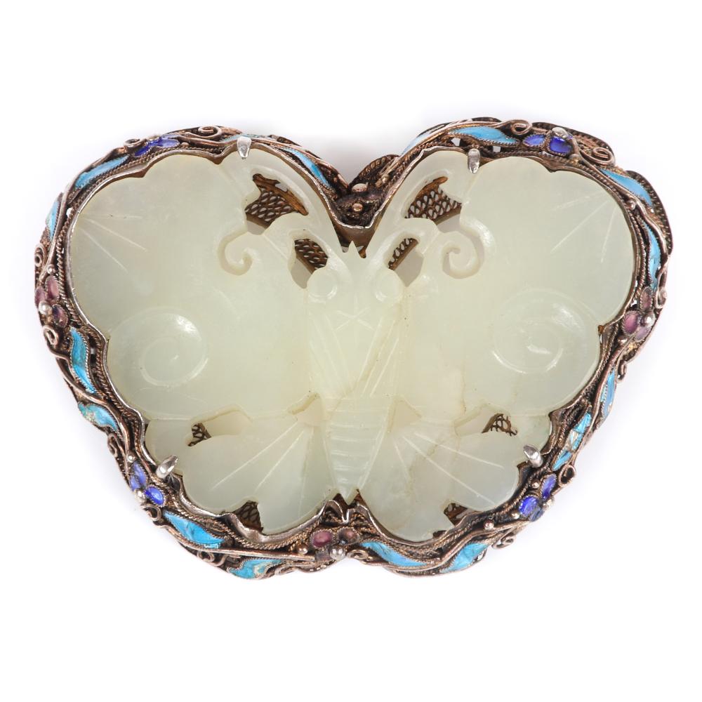 Appraisal: ANTIQUE CHINESE CARVED JADE BUTTERFLY BROOCH MOUNTED IN GILT SILVER