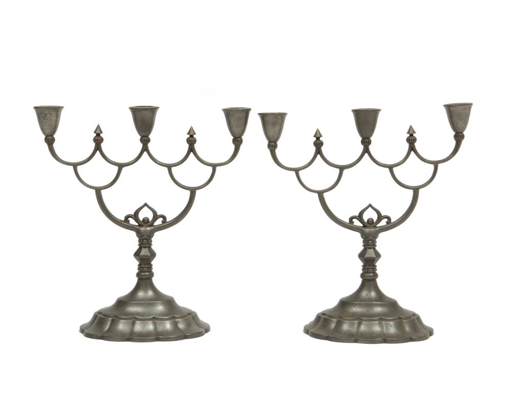 Appraisal: Pair of Just Andersen Disko Metal Three-Light Candelabra c Denmark