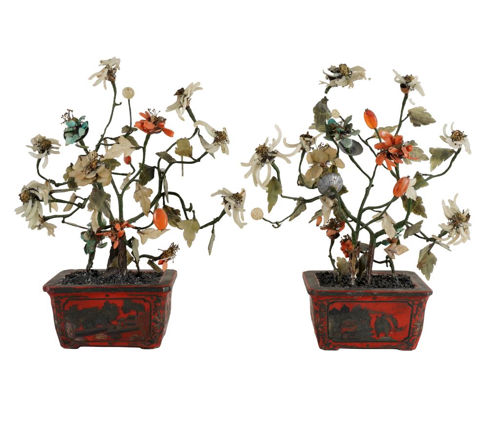 Appraisal: PAIR OF CHINESE MINERAL TREESeach in a bronze jardiniere Condition