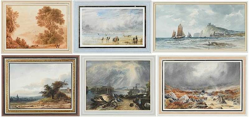 Appraisal: Collection of Six British and French Watercolors th century Fishing