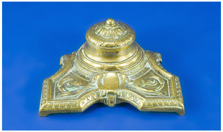 Appraisal: Cast Brass Inkstand in relief design classical influence with bracket