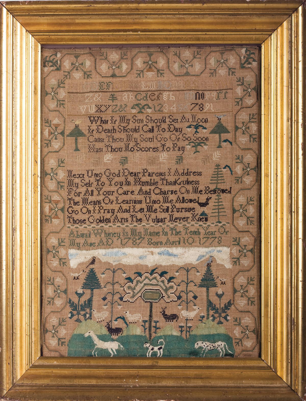 Appraisal: NEEDLEWORK SAMPLER BY ABIGAIL WHITNEY Worked in silk threads on