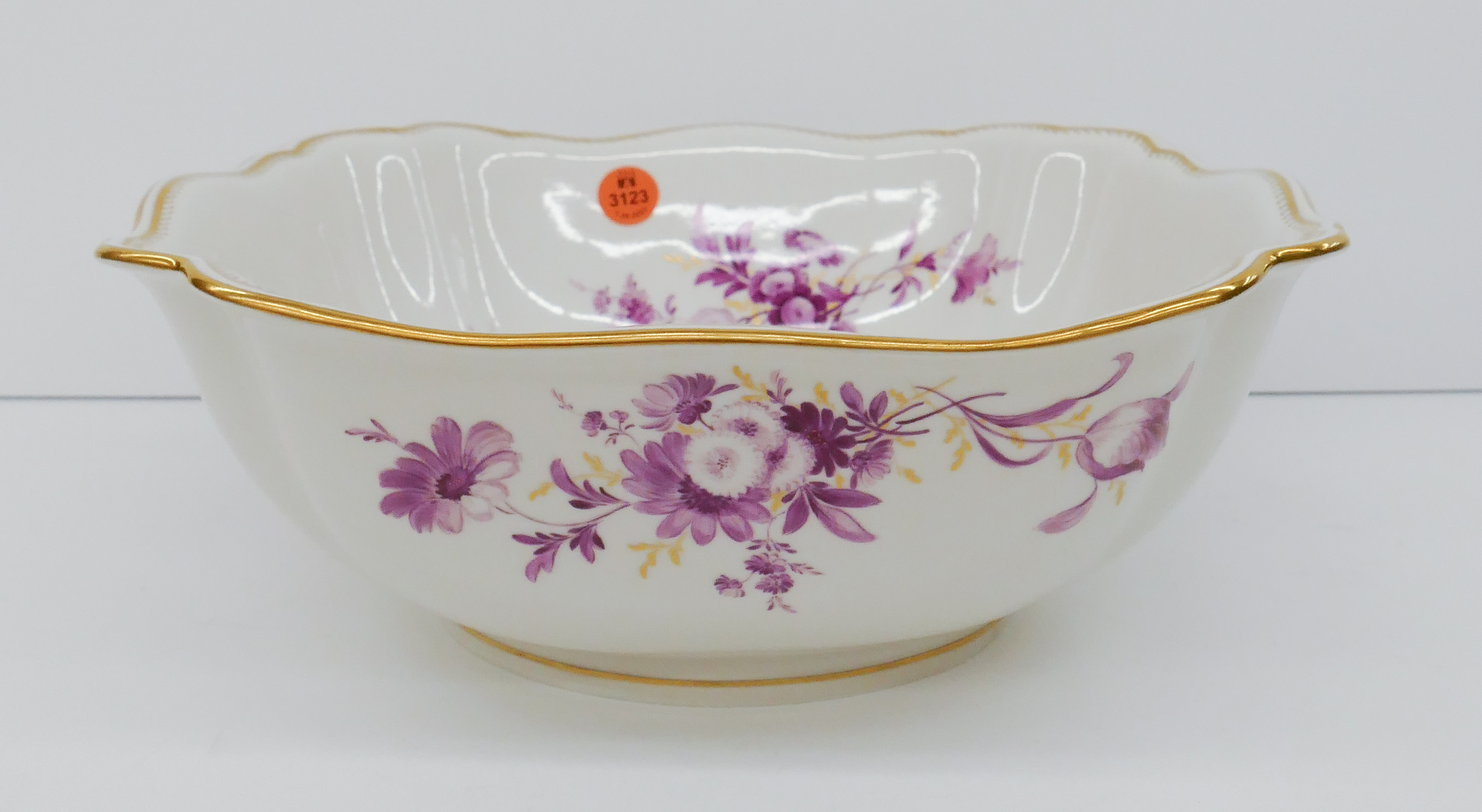 Appraisal: Meissen Pink Flower Porcelain Square Vegetable Serving Bowl Gilt decoration