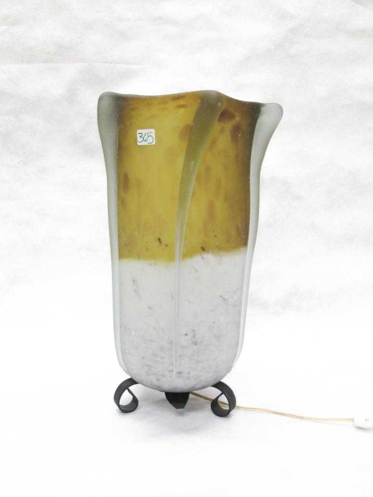 Appraisal: GLASS TABLE LAMP of organic form in amber and white