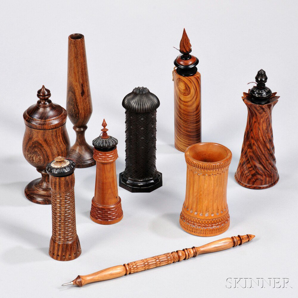 Appraisal: Collection of Ornamentally Turned Objects th century four perfume bottles