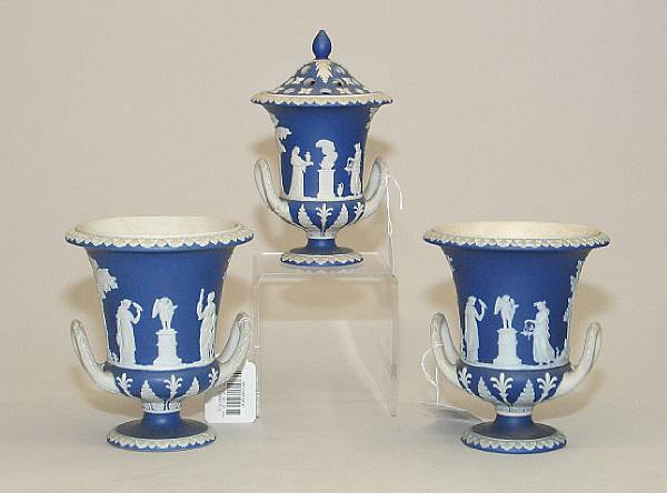 Appraisal: A Wedgwood blue jasper assembled three piece garniture th century