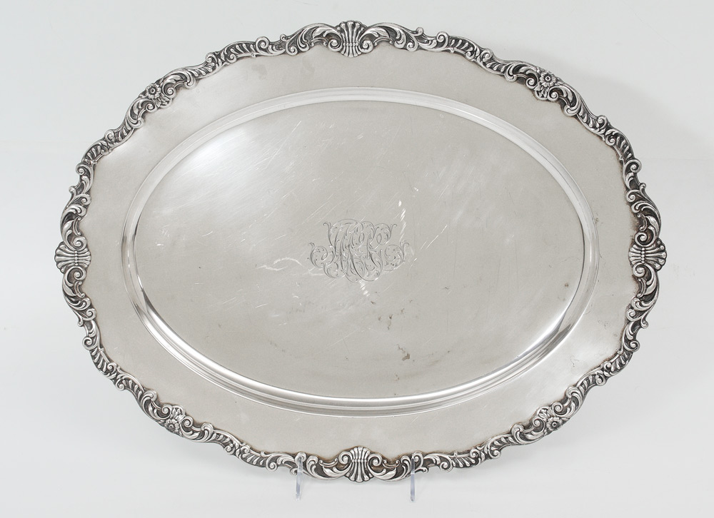 Appraisal: LARGE GORHAM STERLING SERVING TRAY Embossed foliate scroll rim monogrammed