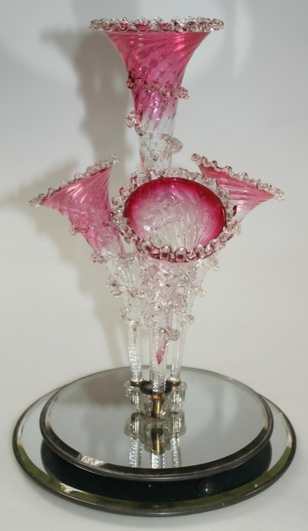 Appraisal: An early thC red flash glass and plain epergne comprising