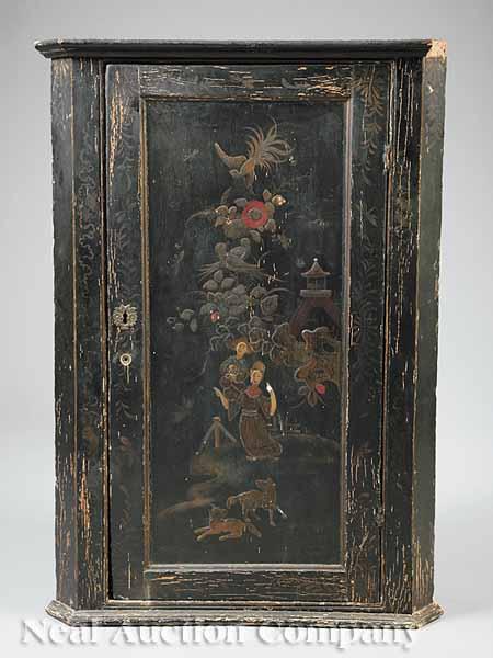 Appraisal: An Antique George III-Style Chinoiserie Decorated Hanging Corner Cupboard mid-