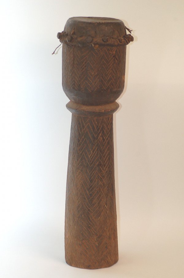 Appraisal: Kongo drum with leather skin pegged in place and carved