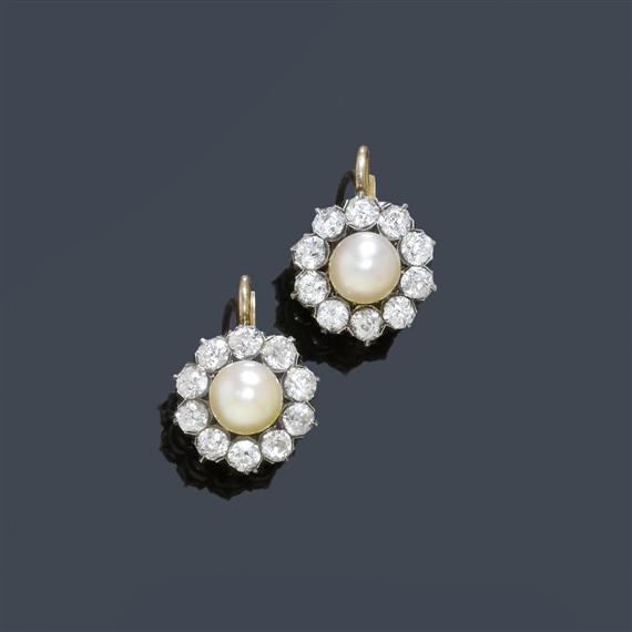 Appraisal: PEARL AND DIAMOND th C EAR PENDANTS circa Silver and