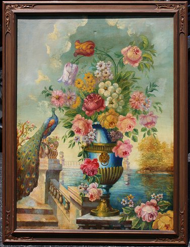 Appraisal: LARGE NEOCLASSICAL STILL LIFE OF FLOWERS AND PEACOCK Oil Canvas