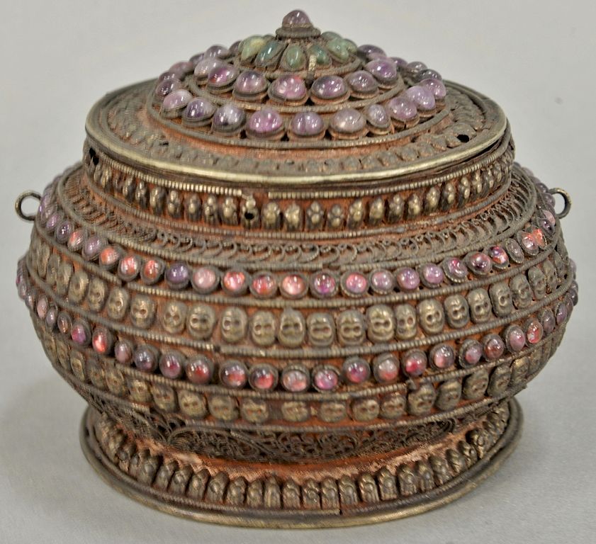 Appraisal: Early filigree covered box mounted with pink and green beads