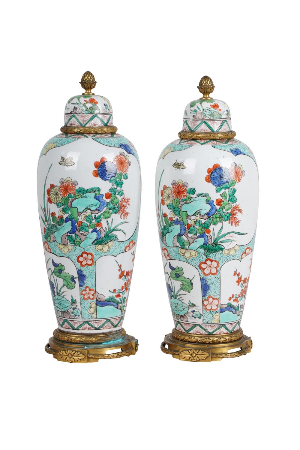 Appraisal: PAIR OF ORMOLU-MOUNTED CHINESE PORCELAIN GARNITURESCondition with loss to decoration