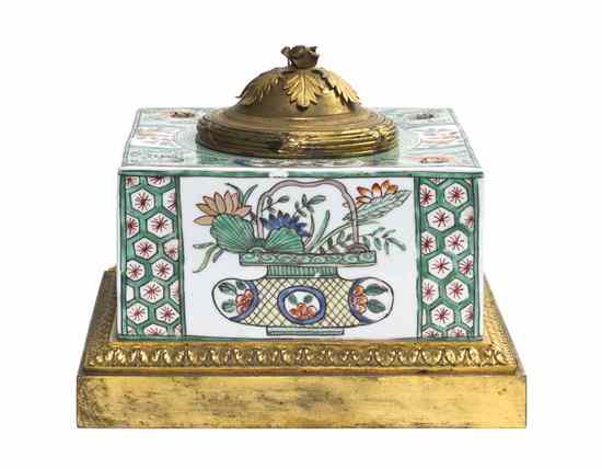 Appraisal: A Chinese Porcelain and Gilt Bronze Mounted Encrier of square