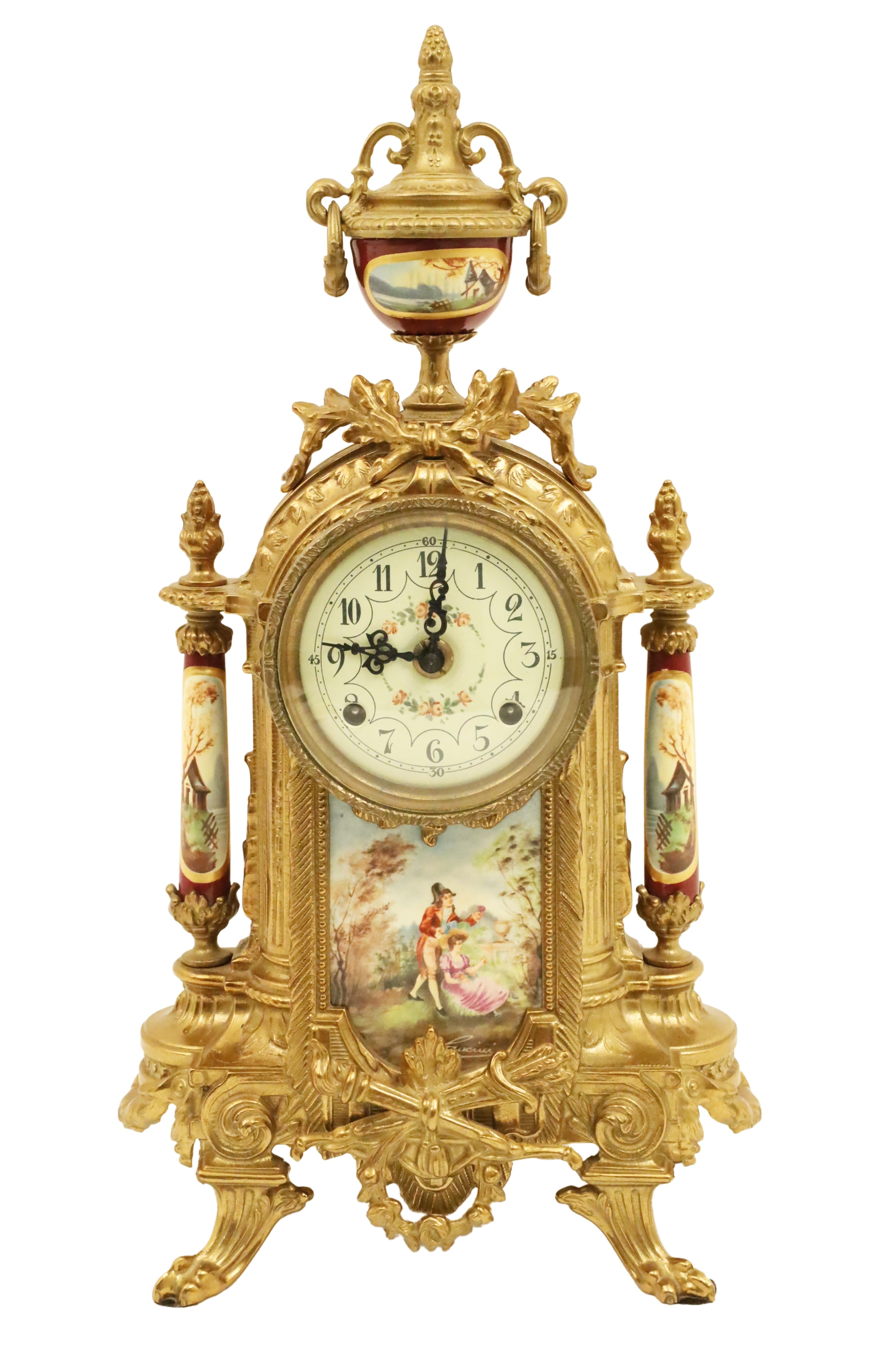 Appraisal: FRENCH STYLE PORCELAIN MOUNTED CLOCK Decorative French style patinated metal