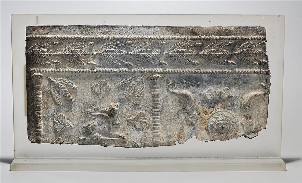 Appraisal: Large Roman lead sarcophagus fragment with cast iconography depicting a