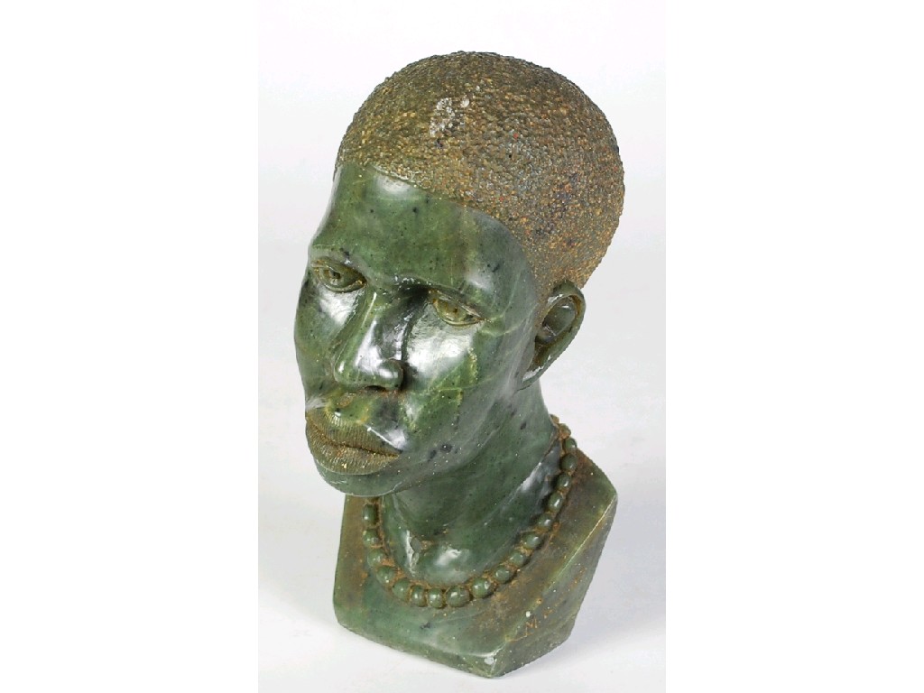 Appraisal: AFRICAN GREEN SOAPSTONE CARVED NATIVE FEMALE HEAD signed M Rusike