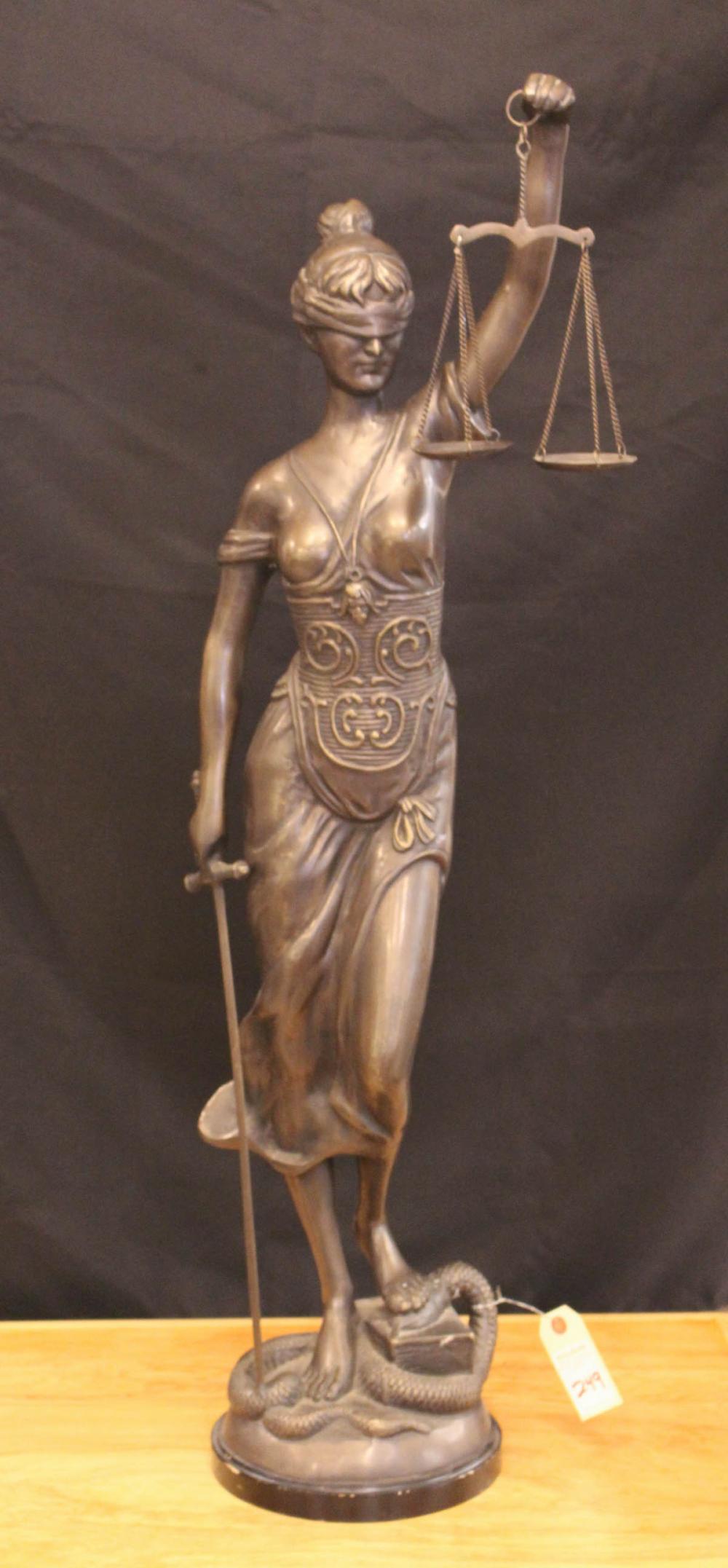 Appraisal: LADY JUSTICE BRONZE SCULPTURE blindfolded Justice holding scales and a