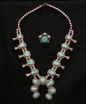 Appraisal: Turquoise and Silver Necklace and Ring Set Native American summer