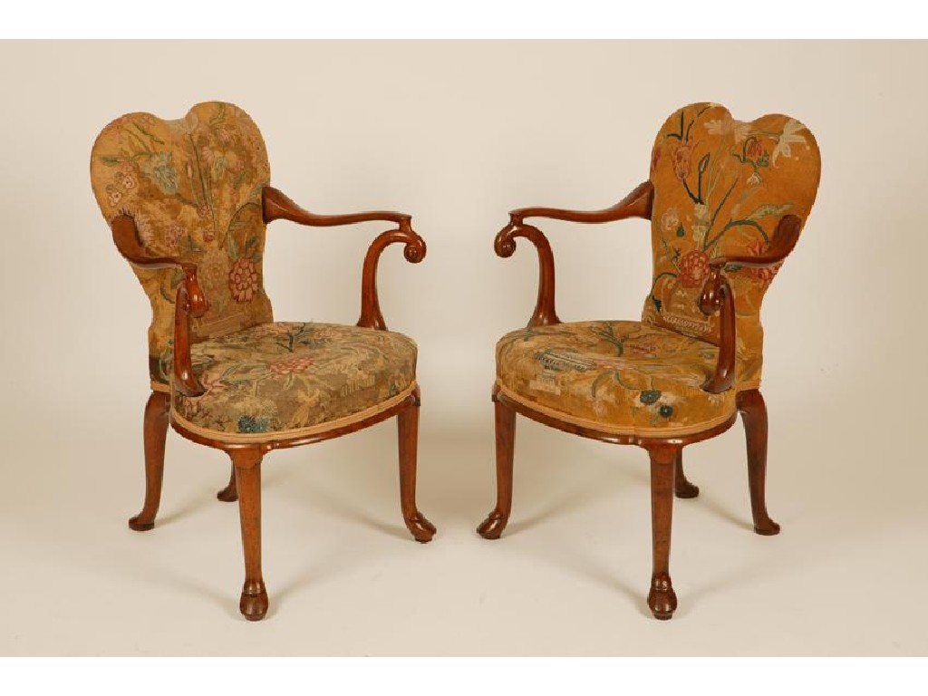 Appraisal: A PAIR OF GEORGE I WALNUT ARMCHAIRS with fine needlework