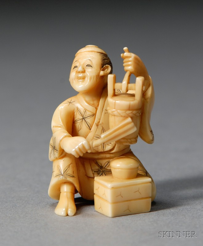 Appraisal: Ivory Netsuke th century a figure holding a water bucket