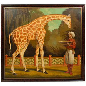 Appraisal: William Skilling American b Giraffe and Handler oil on canvas