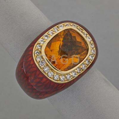 Appraisal: ENAMELED K GOLD CITRINE AND DIAMOND RING Cushion cut brownish