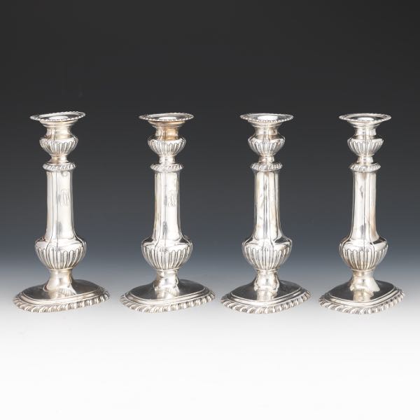 Appraisal: FOUR DURGIN CANDLESTICKS RETAILED BY GROGAN x x Four sterling