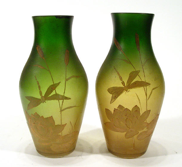 Appraisal: Pair of French style green and amber Art Nouveau glass