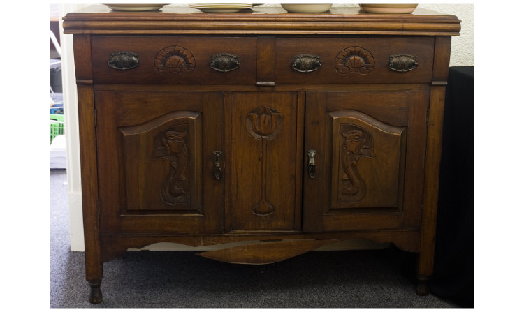 Appraisal: Art Nouveau Carved Mahogany Side Board Two Drawers Over A