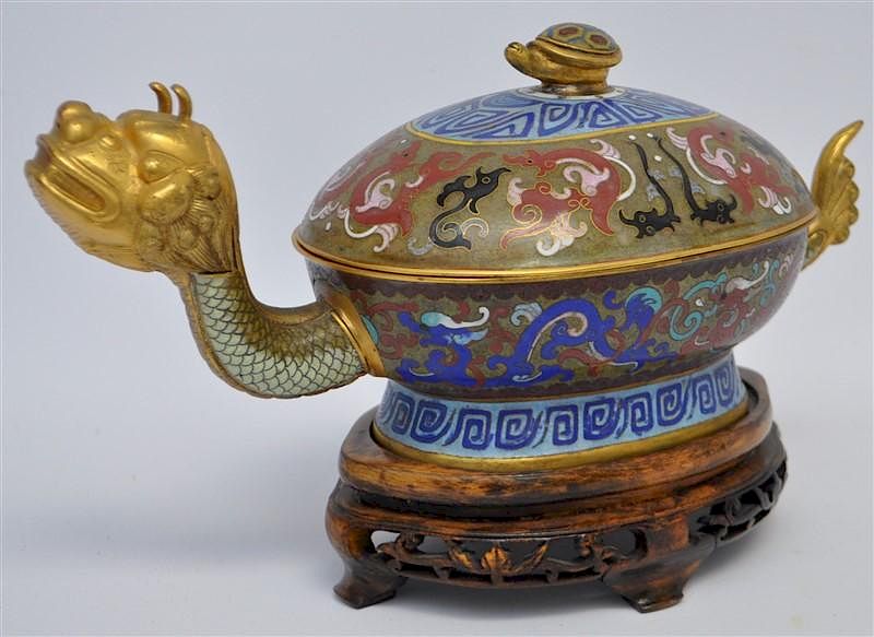 Appraisal: GILT BRONZE CLOISONNE DRAGON TURTLE BOX Chinese Gilt Bronze Cloisonn