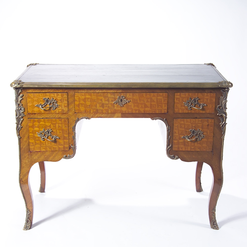 Appraisal: French writing desk th c with overall marquetry inlay bronze