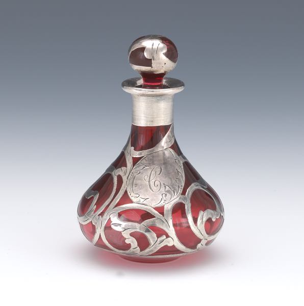 Appraisal: PERFUME BOTTLE WITH SILVER OVERLAY x Ruby crystal perfume bottle