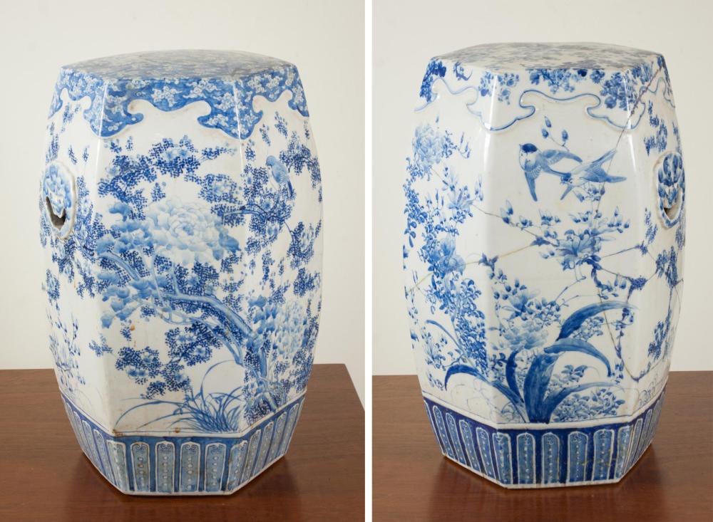 Appraisal: TWO SIMILAR CHINESE BLUE UNDERGLAZE PORCELAIN GARDEN STOOLS hexagonal form