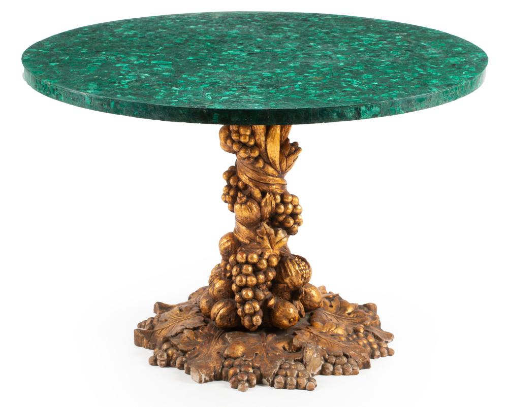 Appraisal: Italian Grotto-Style Carved Giltwood Center Table malachite top naturalistic base