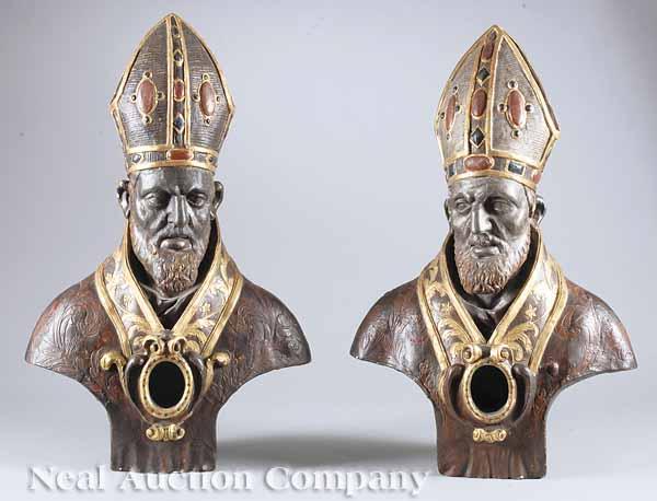 Appraisal: An Opposing Pair of Baroque-Style Polychromed Giltwood Reliquary Busts of