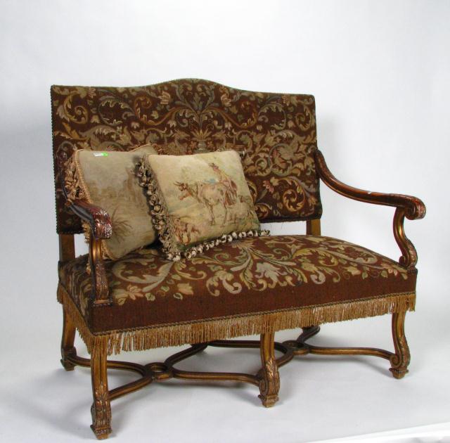 Appraisal: Country French upholstered settee with Acanthus leaf carvings painted gessoed